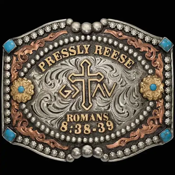 The Nashville Custom Belt Buckle is adorned with beautiful beads, copper scrollwork and turquoise stones. Personalize this belt buckle with your initials, name or special date!
